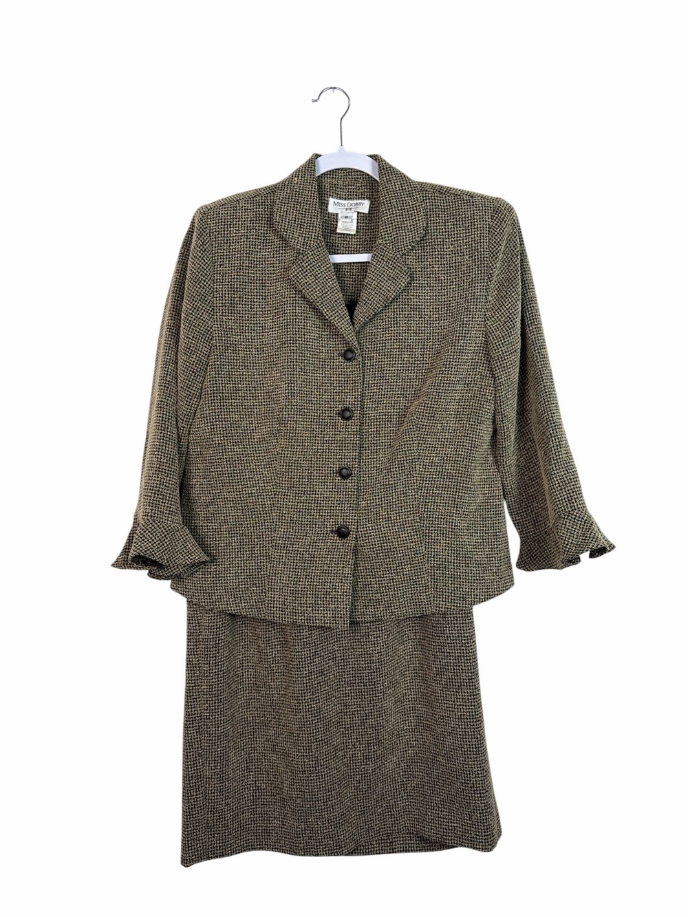 Vintage Miss Dorby Women’s Size 8 Skirt Suit Brown Houndstooth Ruffle Cuff